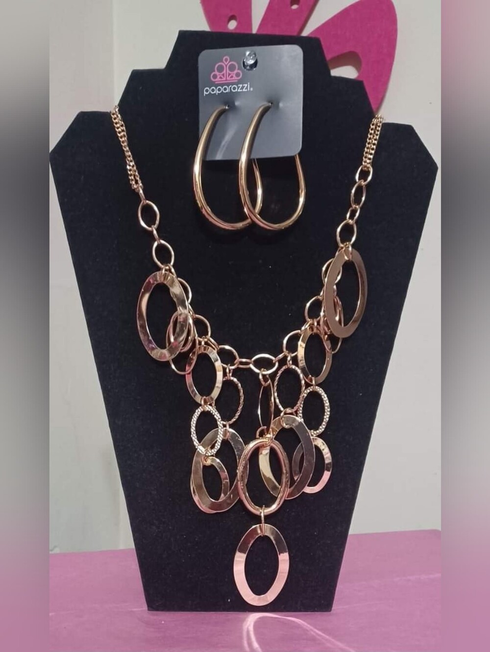 paparazzi Rose Gold Multi-Loop Statement Necklace with Matching Hoop Earrings